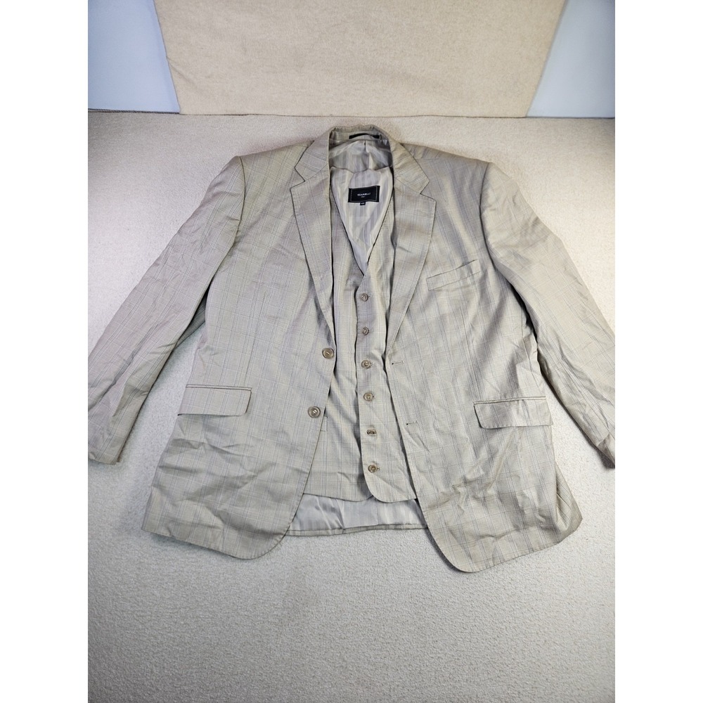 Tzarelli Italy 46R Beige Plaid 2 Piece Suit Jacket Vest Super 150's Handmade